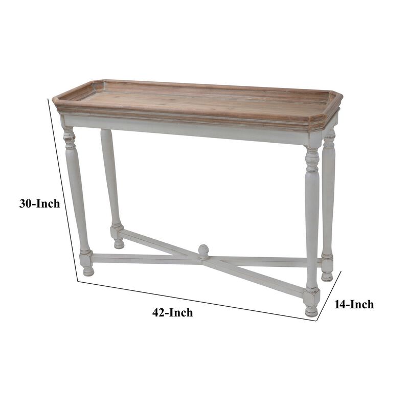 42 Inch Sofa Table, Narrow Design, Fir Wood, MDF, Brown, Antique White - Benzara