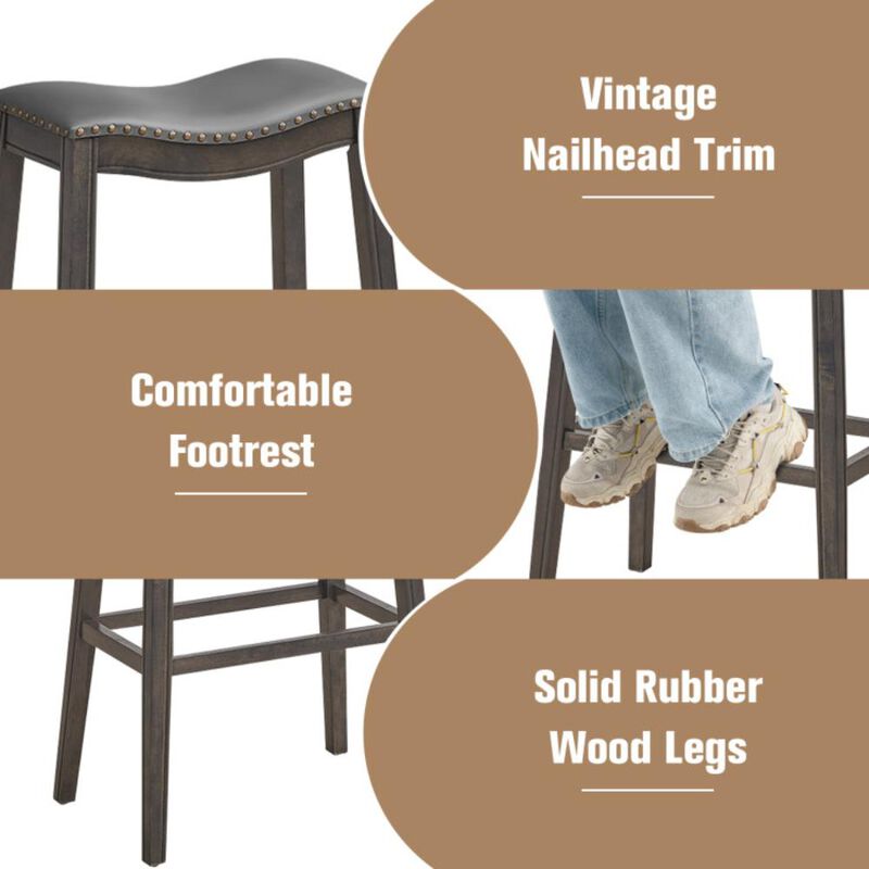 Hivvago 29 Inch Set of 2 Backless Wood Nailhead Barstools with PVC Leather Seat