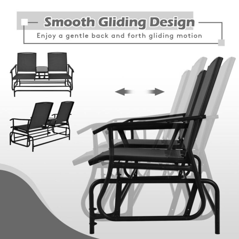 Hivvago 2-Person Double Rocking Loveseat with Mesh Fabric and Center Tempered Glass Table