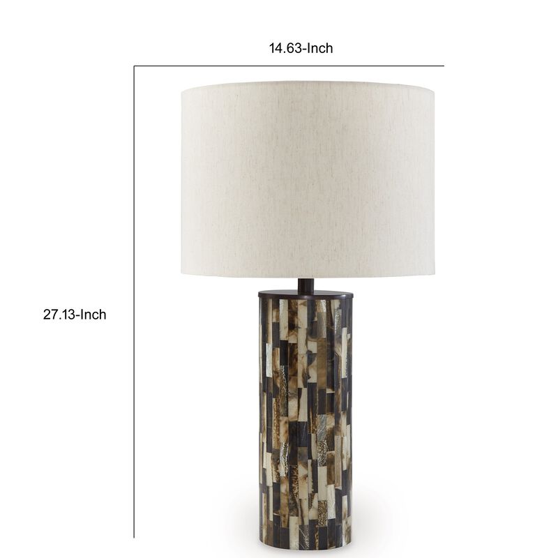 Foer 27 Inch Table Lamp, Cream Drum Fabric Shade, Black Brown Resin Base - Benzara