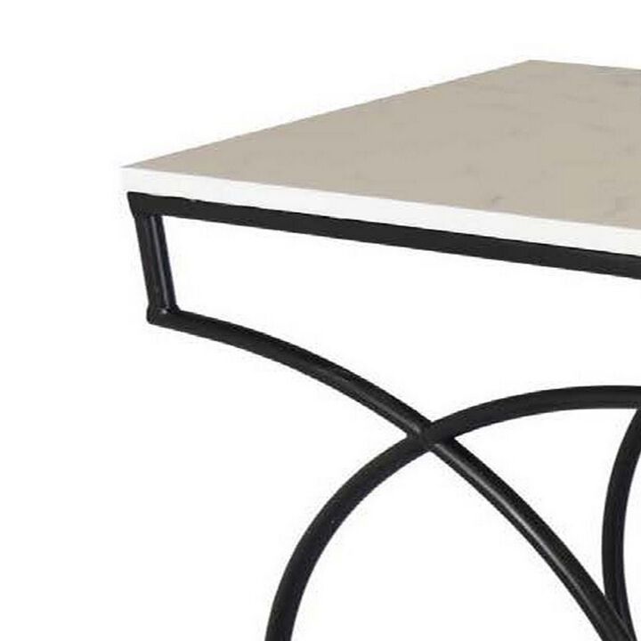Set of 2 Plant Stand Tables, Square Marble Top, Geometric, Black Metal - Benzara