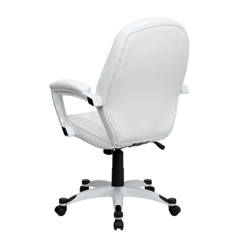 Quincey Mid-Back White LeatherSoft Tapered Back Executive Swivel Office Chair with White Base and Arms