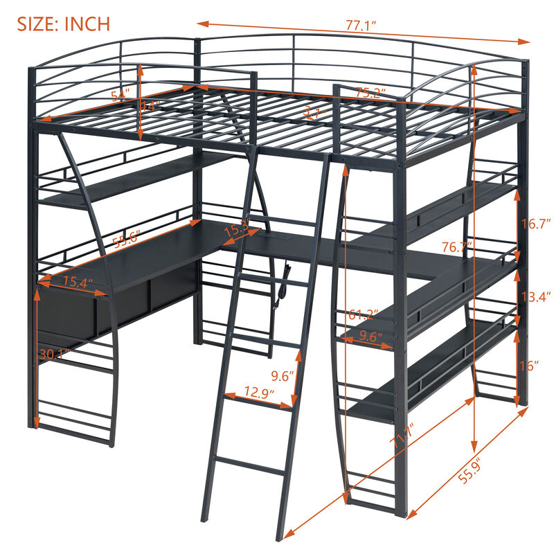 Full Size Loft Bed with Shelves, L-Shaped Desk & Charging Ports