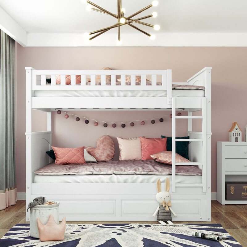 Full Over Full Bunk Bed With Twin Size Trundle, Pine Wood Bunk Bed With Guardrails, Gold