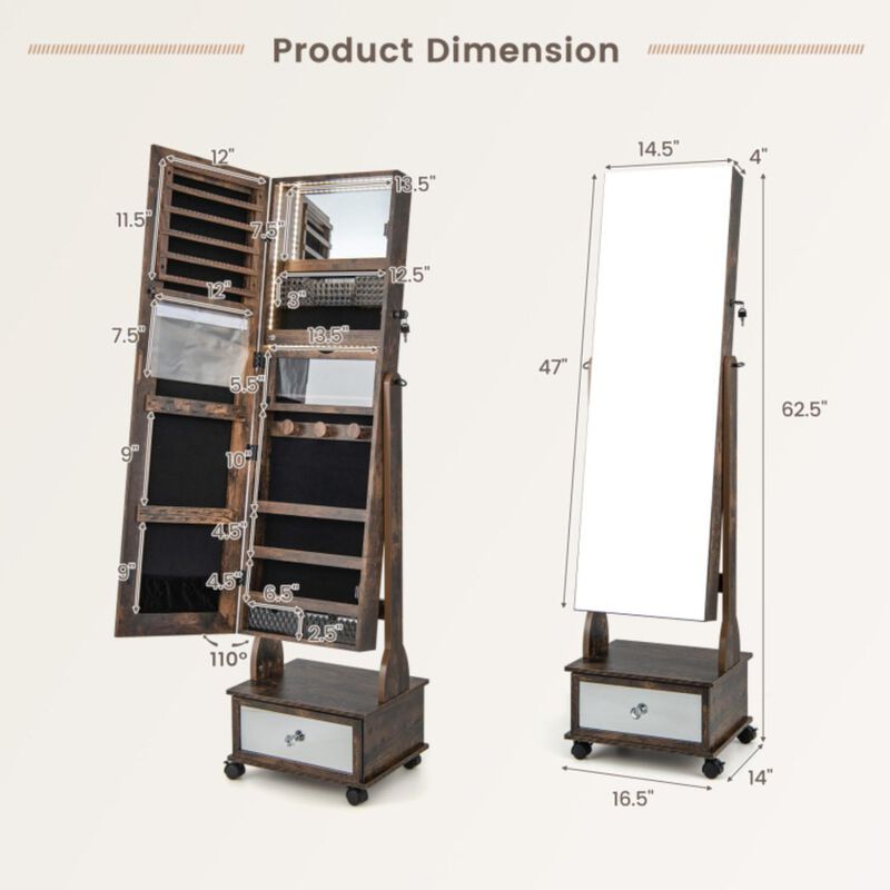 Hivvago 47 Inch Lockable Jewelry Cabinet Armoire with 3-Color LED Lights