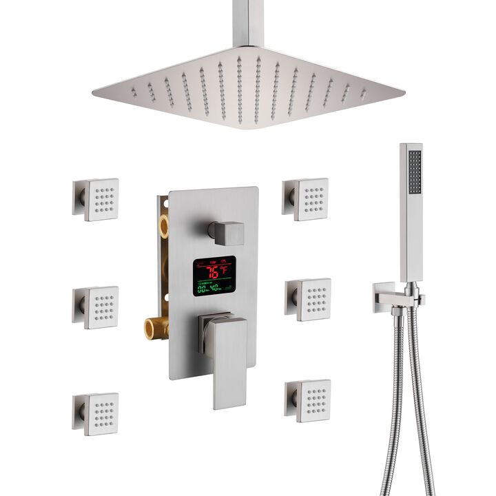 Mondawe Temperature Digital Display 3 Functions Ceiling Mounted Thermostatic Shower System with 6 Body Jets and Rough-in Valve in Brushed Nickel