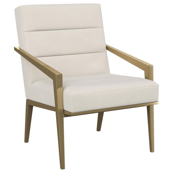 Kiara Accent Chair, Channel Tufted Cream Fabric, Gold Metal Frame - Benzara