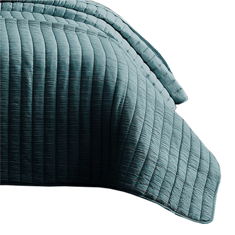 3 Piece Crinkle Queen Coverlet Set with Vertical Stitching, Turquoise Blue-Benzara