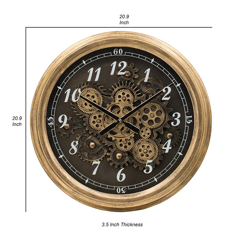 21 Inch Round Wall Clock, Gear Design, Numbered Analog, Gold Bronze Iron - Benzara