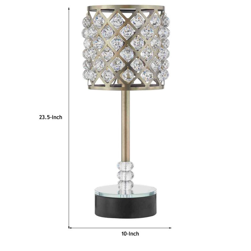 Dany 24 Inch Table Lamp with Crystal Drum Shade, Black Metal, Antique Brass-Benzara