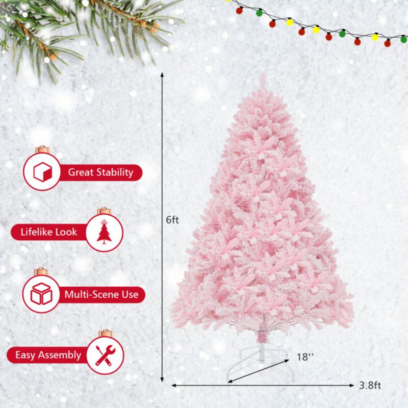 Hivvago 6 FT Flocked Artificial Xmas Tree Hinged with 350 LED Lights