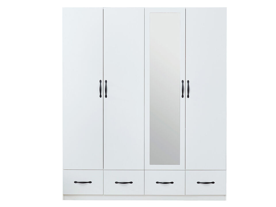 Mirror White Four Doors Freestanding Armoires Wardrobe Cabinet Closet with Hanging Rods Wood Wardrobe Clothes Storage Shelf Four Drawers Tall Bedroom Closet Storage