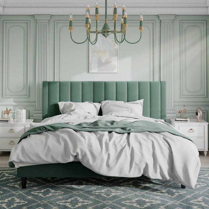 Modern Platform Bed with Velvet Upholstered Headboard – Luxurious Design and Strong Support