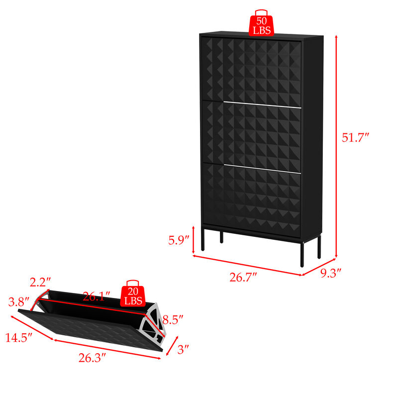 FUFU&GAGA Black Flip-Drawer Shoe Cabinet with Double Plastic Racks and Anti-Tip Kit (26.7" W x 9.3" D x 51.7" H), Black