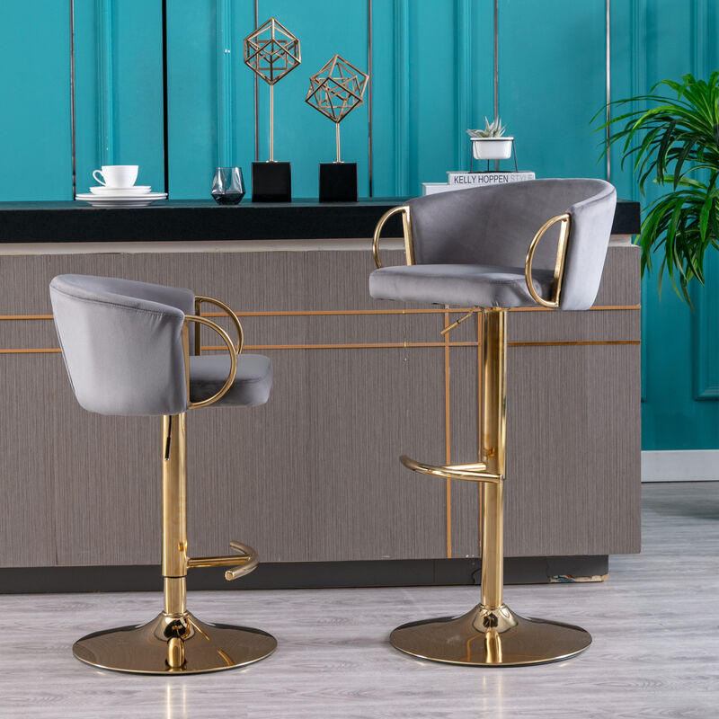 Set of 2 Bar Stools, with Chrome Footrest and Base Swivel Height Adjustable Mechanical Lifting Velvet + Golden Leg Simple Bar Stool-Grey