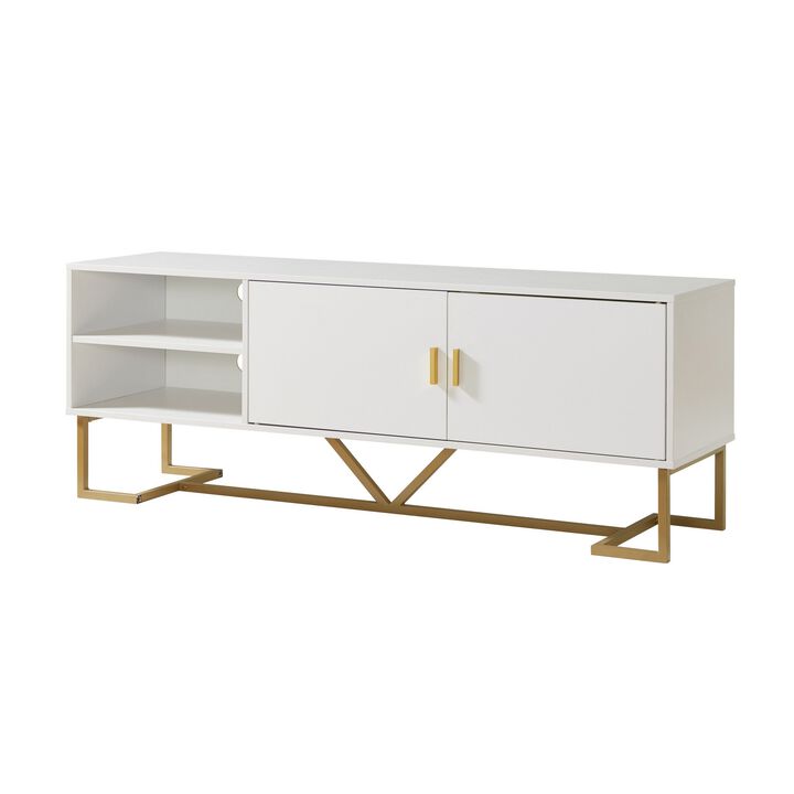 Bery 60 Inch TV Media Entertainment Console, 2 Door Cabinet, White, Gold - Benzara