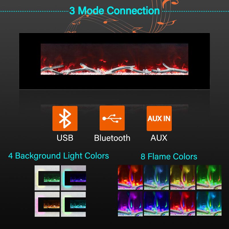 60 Inch 1500W Wall-Mount Fireplace with Multicolor Flame