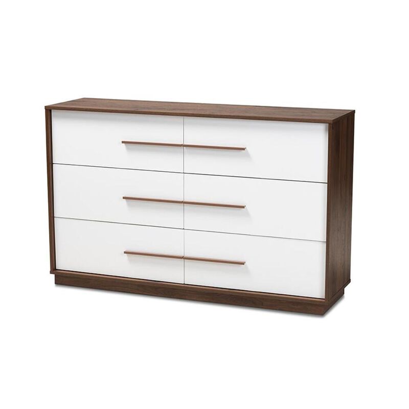 Baxton Studio Mette Mid-Century Modern White and Walnut Finished 6-Drawer Wood Dresser