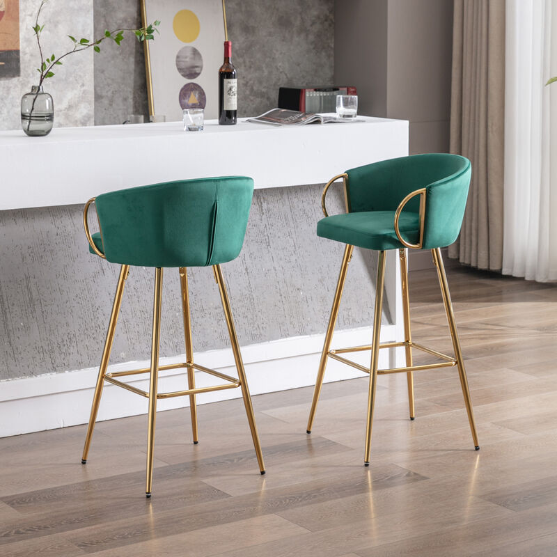 Set of 2 Green Velvet Bar Stools with Chrome Base