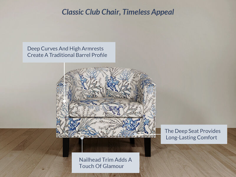 BELLEZE Accent Barrel Chair, Modern Tub Club Chair Upholstered Armchair for Living Room, Linen Chair with Gold Nail Head Trim Black Legs - Kyara (Blue Coral)