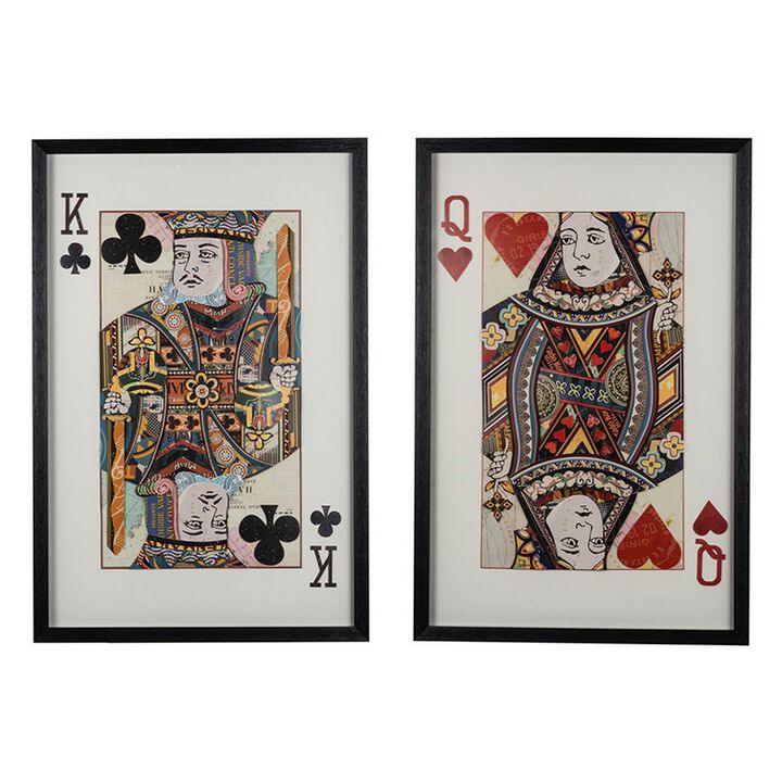 24 x 35 Set of 2 Framed Wall Art, King Queen Card Pair, Gold, Black, Red - Benzara