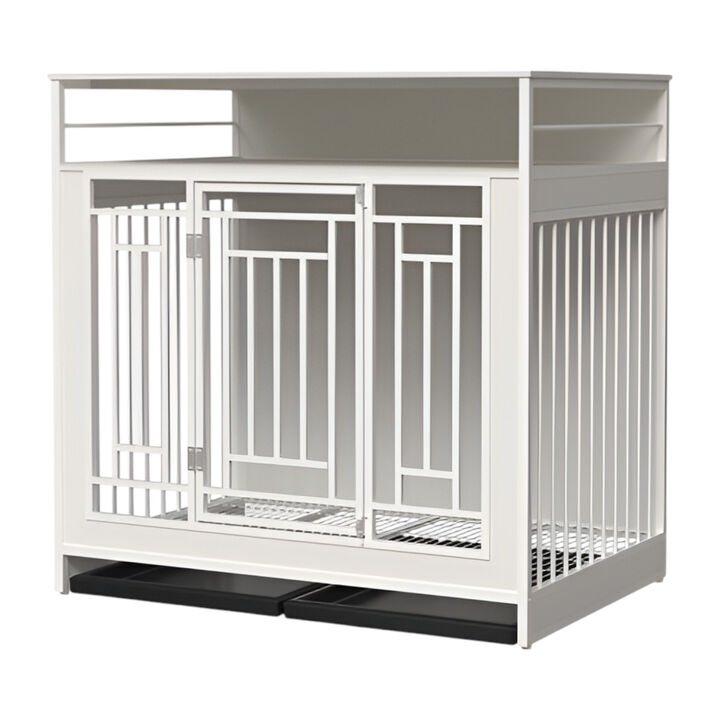 Wooden Dog Cage Furniture for Large Dogs with Divider, Double Doors, and Storage Shelf