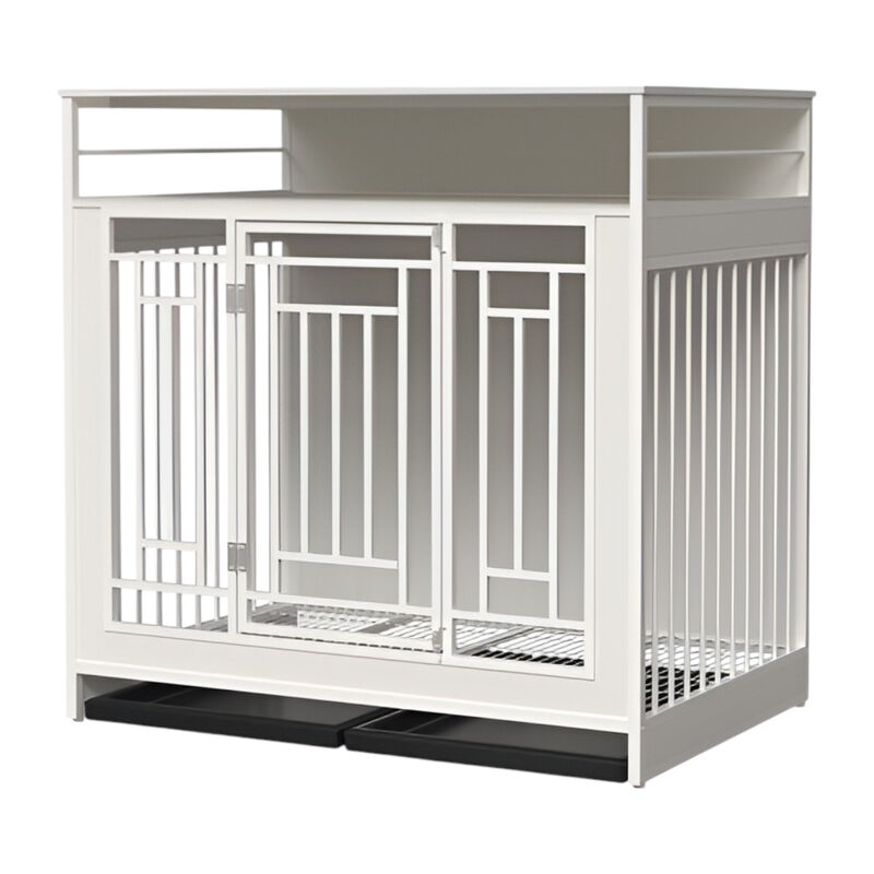 Wooden Dog Cage Furniture for Large Dogs with Divider, Double Doors, and Storage Shelf