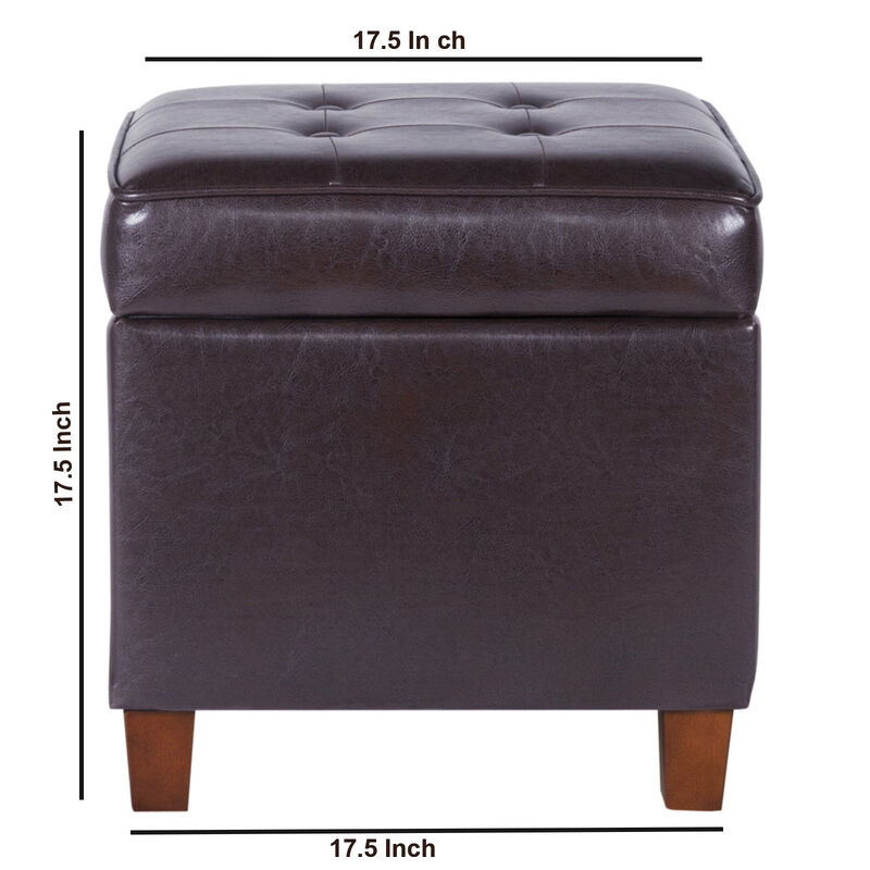 Square Shape Leatherette Upholstered Wooden Ottoman with Tufted Lift Off Lid Storage, Brown - Benzara