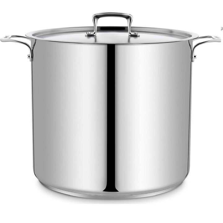Stockpot - Brushed Stainless Steel – Heavy Duty Induction Pot with Lid and Riveted Handles – For Soup, Seafood, Stock, Canning and for Catering for Large Groups and Events by BAKKEN