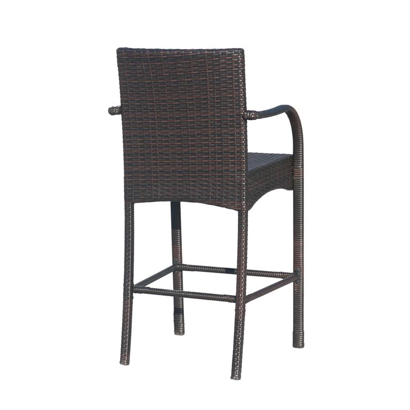 Outdoor Barstool Chair Set of 2, Gray Woven Faux Rattan, Iron Frame -Benzara