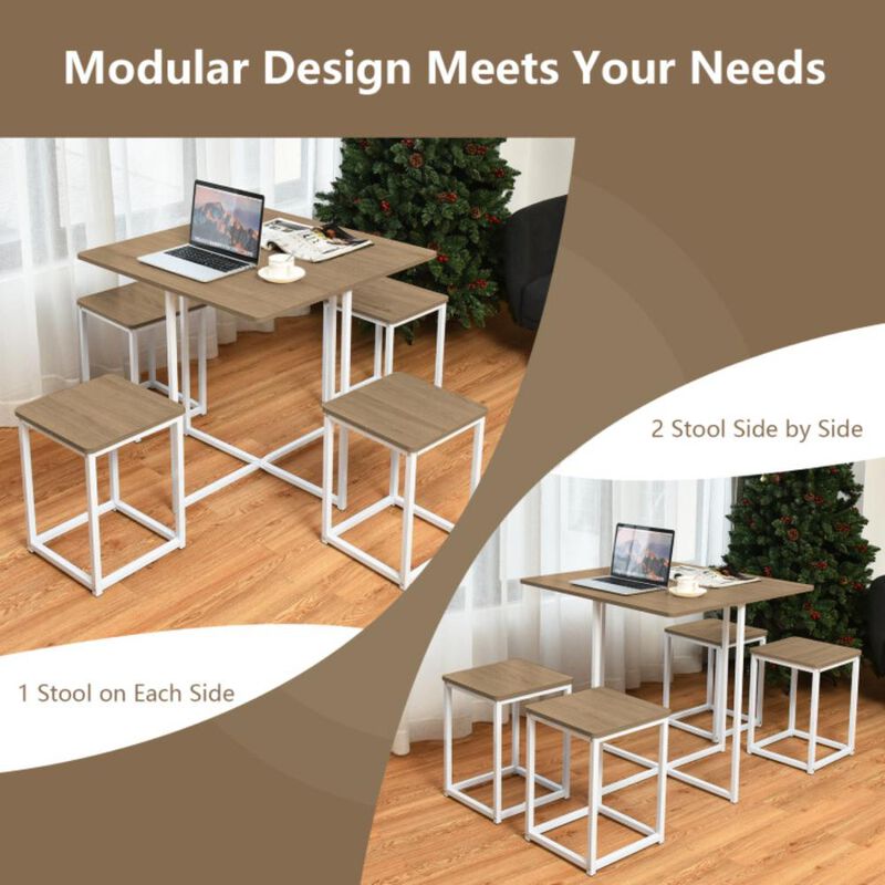 Hivvago 5 Pieces Metal Frame Dining Set with Compact Dining Table and 4 Stools