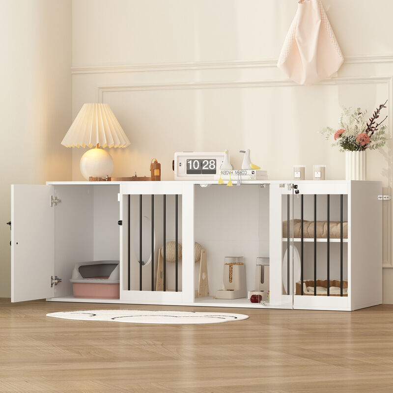 FUFU&GAGA Cat Cabinet, Multi-functional Cat Cage with Litter Box Space, Glass Doors for Easy Viewing, Air Circulation Railing, and Storage, (63" L x 19.7" W x 23.7" H),White