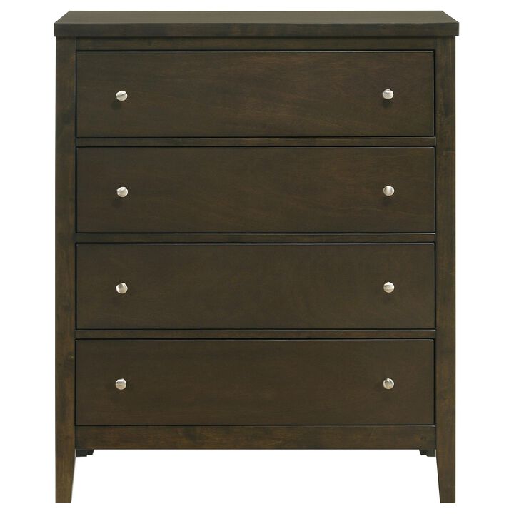 Wily Tall Dresser Chest, Dark Brown Wood, 4 Drawer, Round Nickel Knobs - Benzara