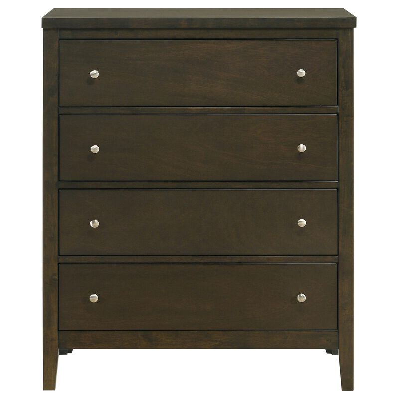 Wily Tall Dresser Chest, Dark Brown Wood, 4 Drawer, Round Nickel Knobs - Benzara