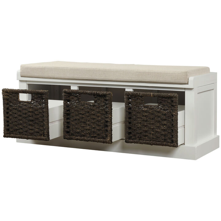 Rustic Storage Bench With 3 Removable Classic Rattan Basket, Entryway Bench