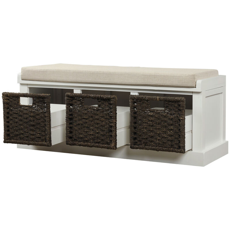 Rustic Storage Bench With 3 Removable Classic Rattan Basket, Entryway Bench
