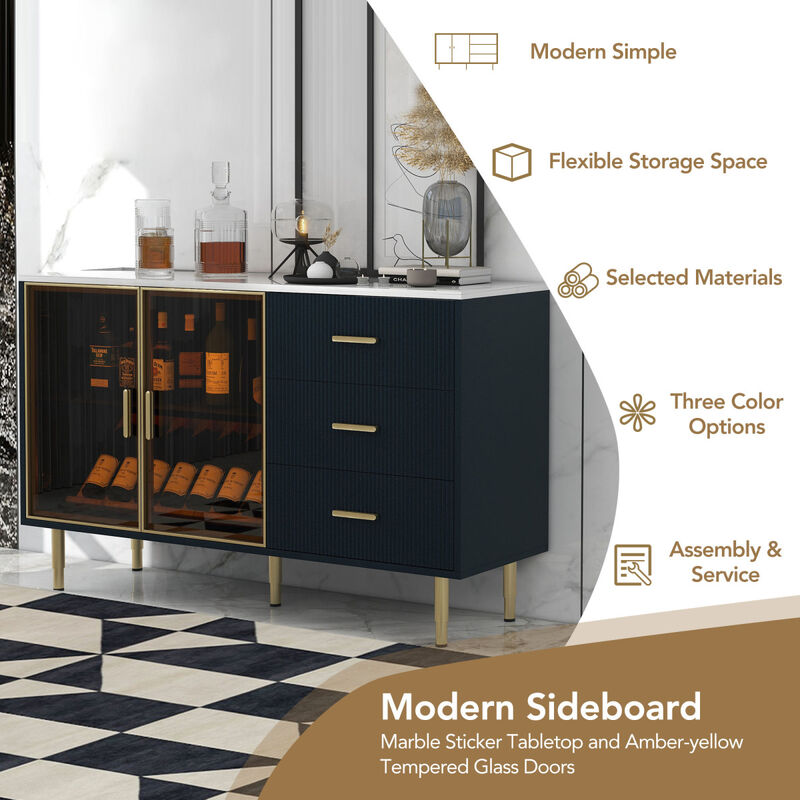 Modern MDF Buffet Cabinet with Glass Doors & Marble Top