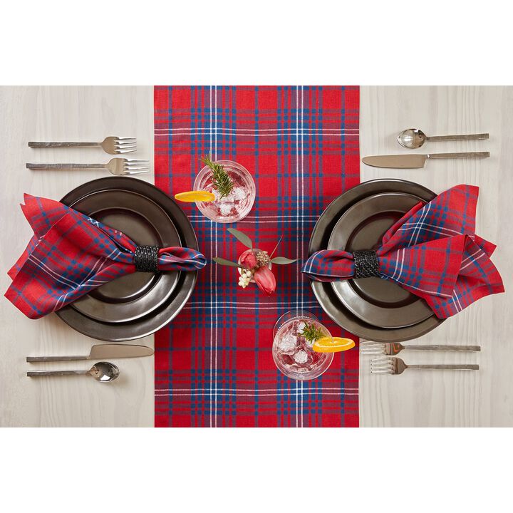 Solino Home 100% Pure Linen Red and Navy Tartan Plaid Table Runner