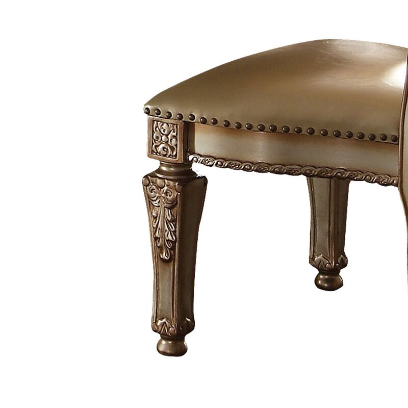 27 Inch Wood Dining Side Chair, Faux Leather, Set of 2, Gold-Benzara