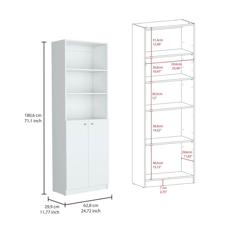 Home 2-Door Bookcase, Modern Storage Unit with Dual Doors and Multi-Tier Shelves -White