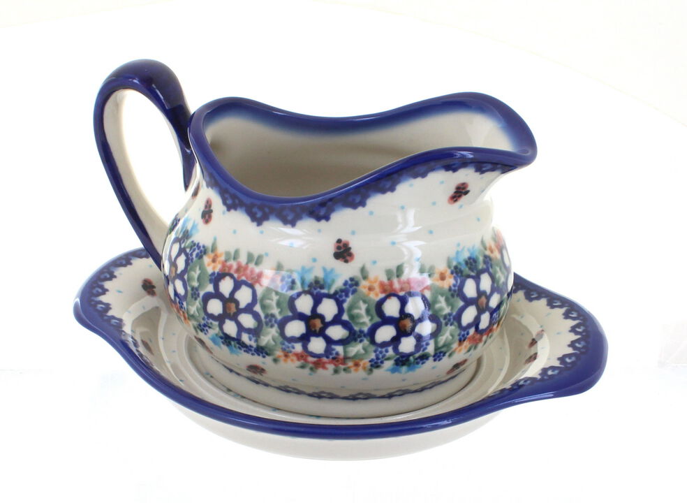 Blue Rose Polish Pottery Garden Butterfly Gravy Boat & Plate