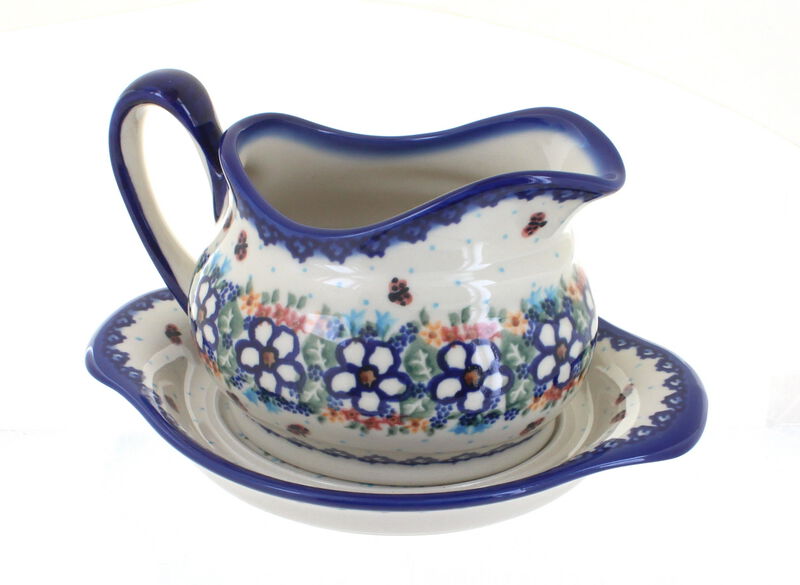 Blue Rose Polish Pottery Garden Butterfly Gravy Boat & Plate