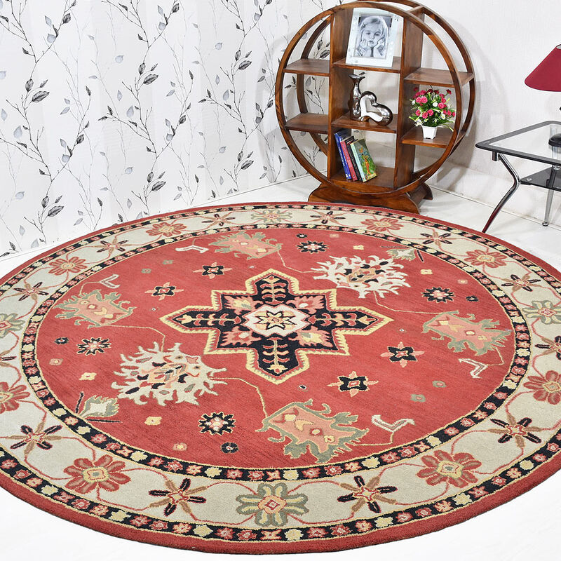 RUGSOTIC CARPETS HAND TUFTED WOOL ECO-FRIENDLY AREA RUGS  - 10'x10', Round Shape, Red & Cream, Classic Oriental Traditional  Design, High Pile Thick Handmade Anti Skid Area Rugs (K00535)