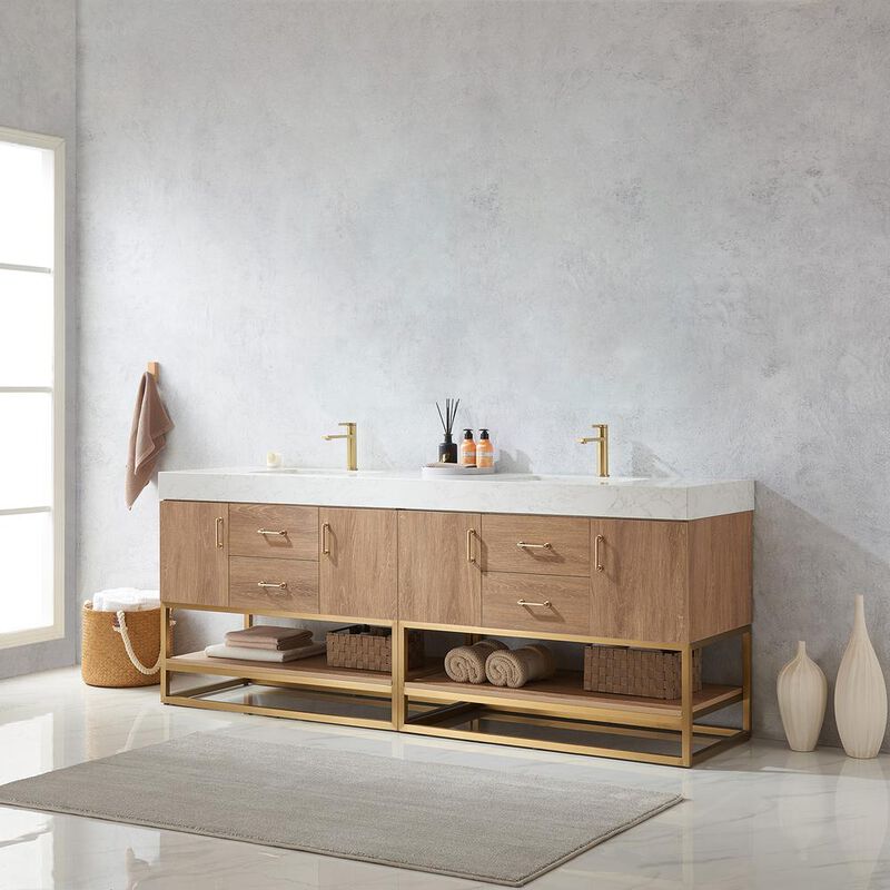 Vinnova Design 84 Double Sink Bath Vanity with White Grain Stone Countertop
