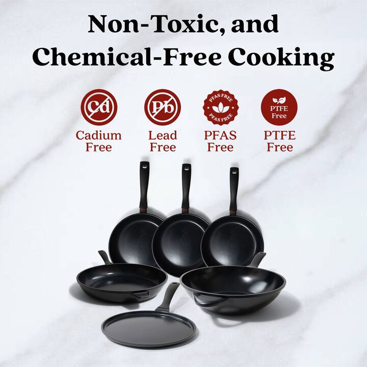 Alva Energy 6-Piece Premium Nonstick Cookware Set - Everyday Frying Pans, Skillet, Wok & Crepe Pan - Non-Toxic, PFAS/PFOA/PTFE-Free - Induction & All Stovetop Compatible - Durable Construction