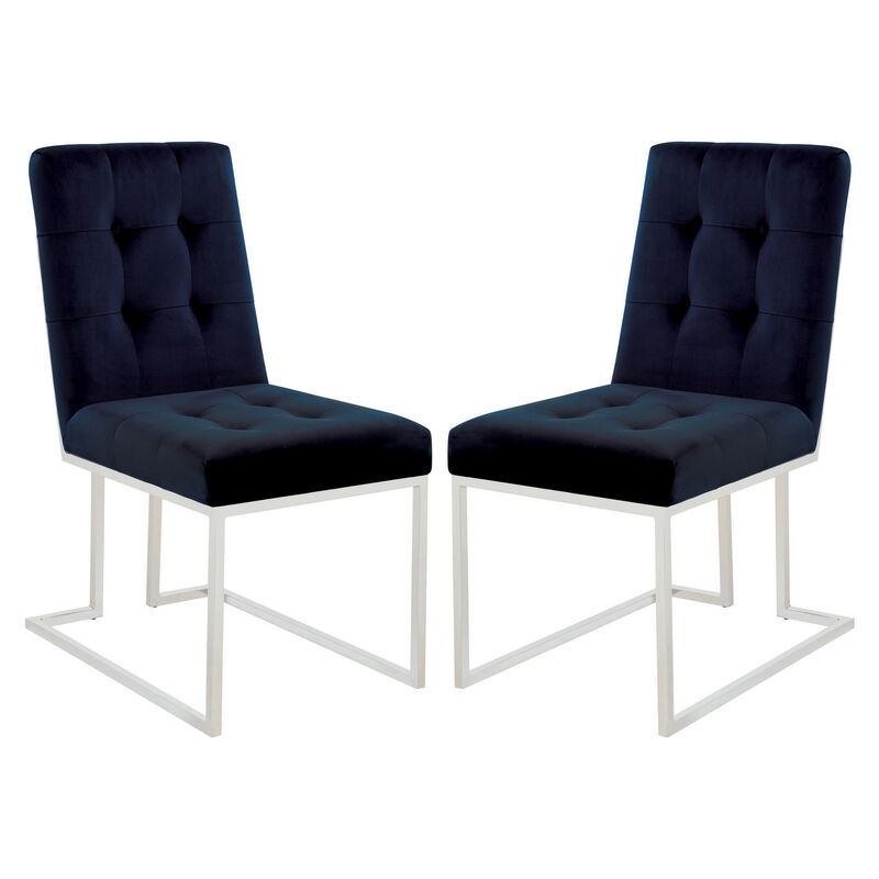 Dining Chair with Fabric Seat and Metal Legs, Set of 2, Blue-Benzara