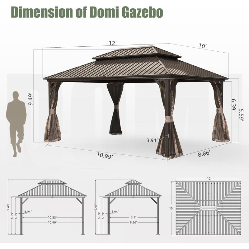 10' X 12' Hardtop Gazebo, Aluminum Metal Gazebo Withnized Steel Double Roof Canopy