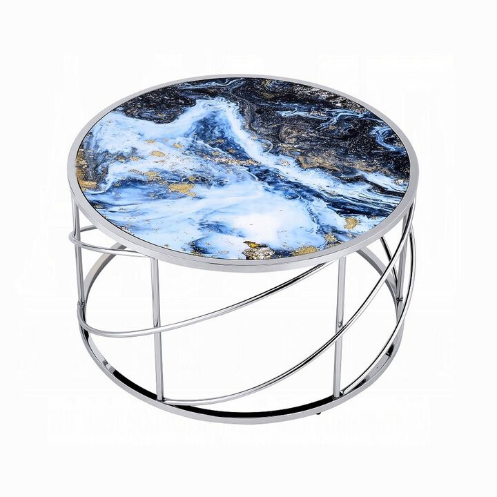 Shira Round Coffee Table, 33 Inch, Open Chrome Base, Blue Faux Marble - Benzara