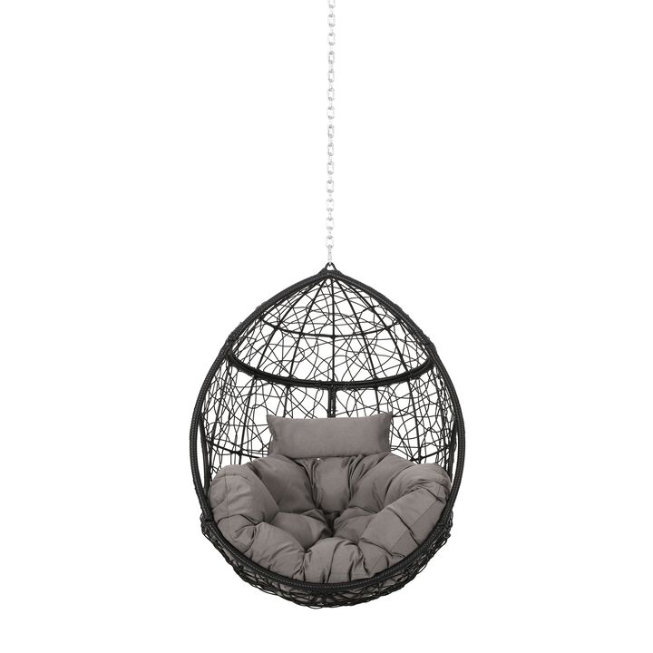 Castic Outdoor Hanging Chair, 46 Inch Rattan Frame, Black Iron, Gray -Benzara