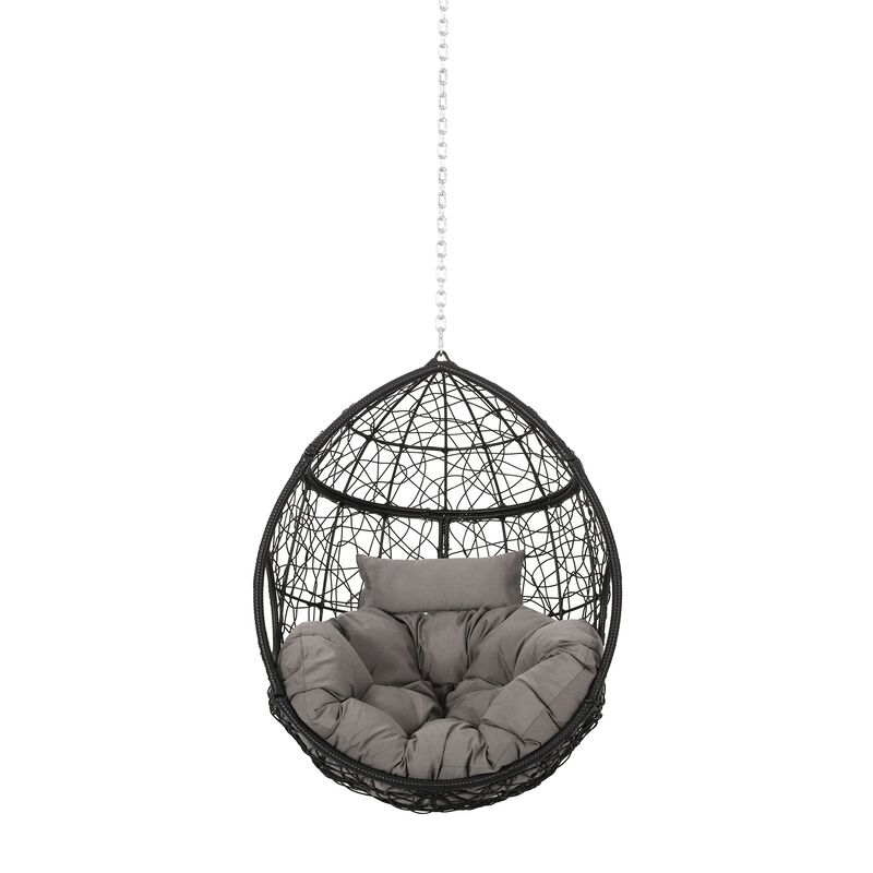 Castic Outdoor Hanging Chair, 46 Inch Rattan Frame, Black Iron, Gray -Benzara